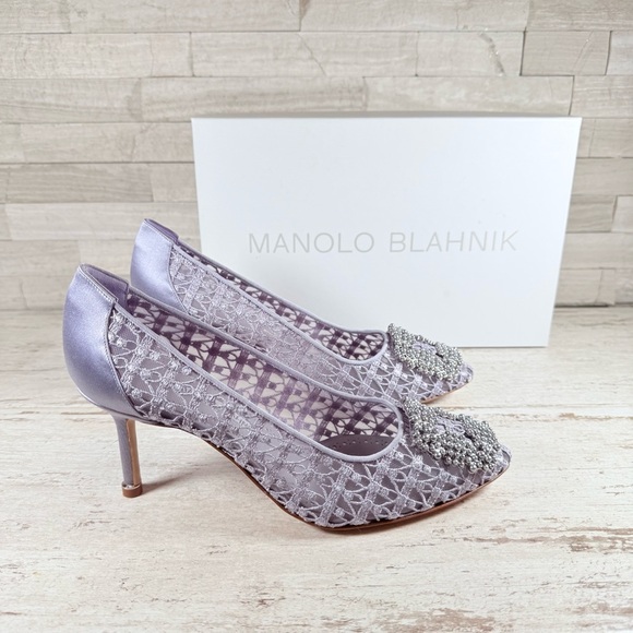 Manolo Blahnik Hangisi Size 38 Lace 70MM Pumps Heels Lilac Periwinkle $1245 New - Picture 3 of 15